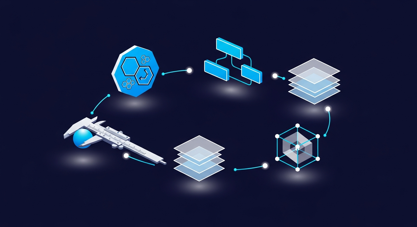 Five interconnected problem-solving tools — Thought Map, Process Map, MSE, COV, and DOE — visualized as glowing geometric shapes linked in a circular flow on a deep navy background.