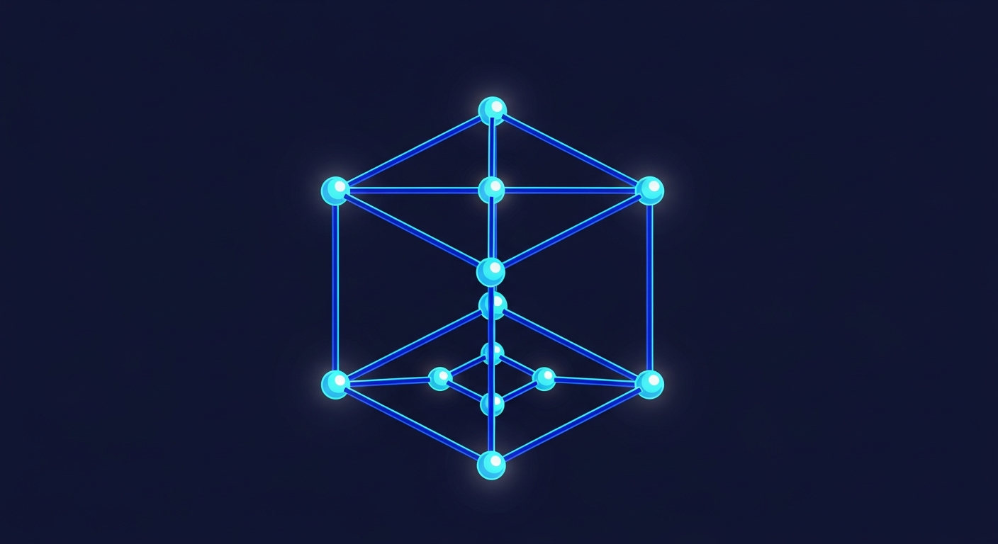 A 3D wireframe cube with eight glowing vertex spheres representing a two-level, three-factor full factorial design, floating in deep navy space with electric blue edges and cyan vertex glow.