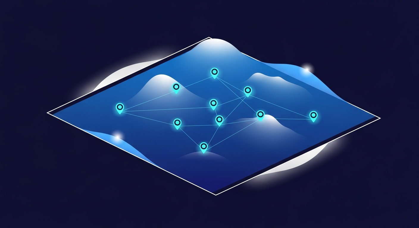 A smooth 3D optimization landscape surface with gentle hills and valleys, six glowing cyan exploration points connected by a thin path showing a Bayesian search trajectory across the surface.