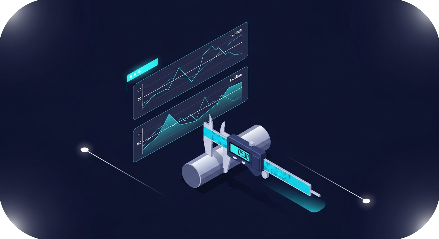 A precision digital caliper measuring a metal cylinder with a faint floating control chart panel behind it, in deep navy with electric blue and cyan accent lighting.