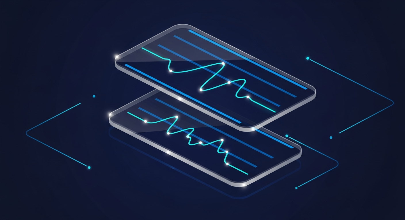 Two stacked control chart panels — an averages chart above a range chart — with glowing cyan data points and electric blue control limit lines on a deep navy background.
